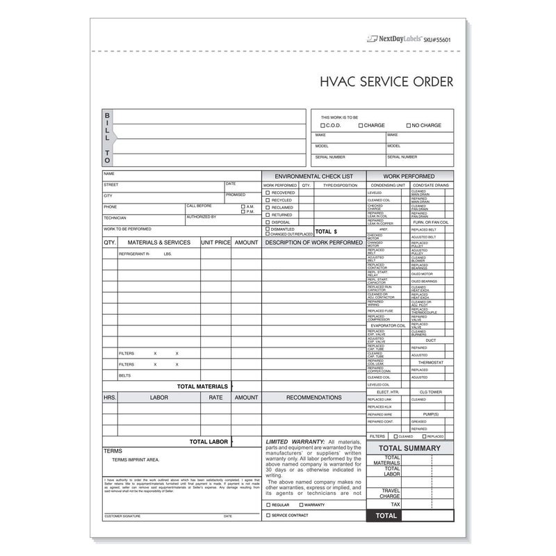 NextDayLabels HVAC Service Order Invoice & Repair Detail Form, 3 Part Forms Carbonless (No Company Name Printed) 100 Sets - Image 1
